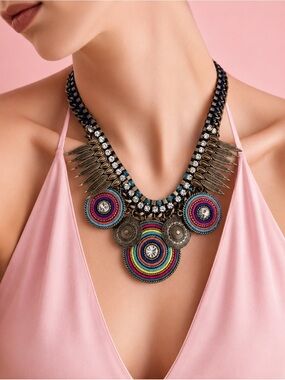 🛍️ ALDO bronze Boho bronze round, colorful rhinestone feather chain necklace